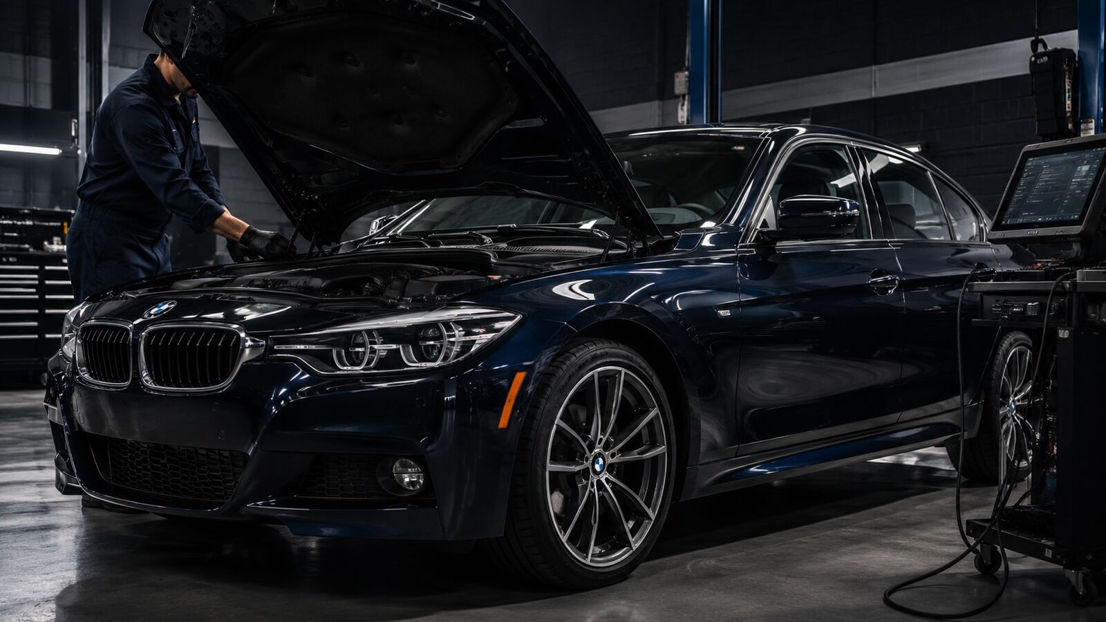 Technician working under the hood of a dark blue BMW sedan in a service bay, with a diagnostic computer beside the car
